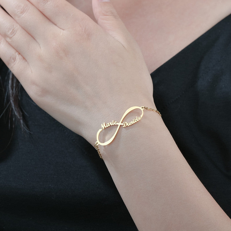 Braccialetto personalizzato con doppio nome e data Infinity Rose Gold