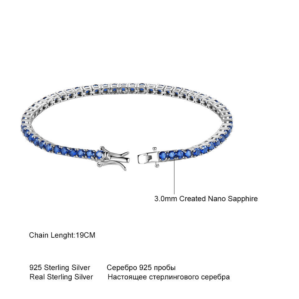 Bracciale tennis in argento sterling 925 con zaffiro nano, 30 cm