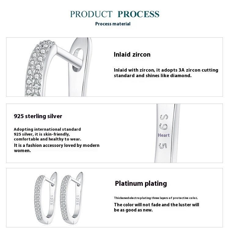 Orecchini a clip in argento Sterling S925 con zirconi semplici, placcati in oro bianco e lisci