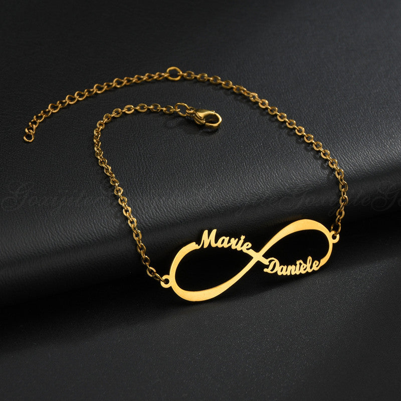 Braccialetto personalizzato con doppio nome e data Infinity Rose Gold