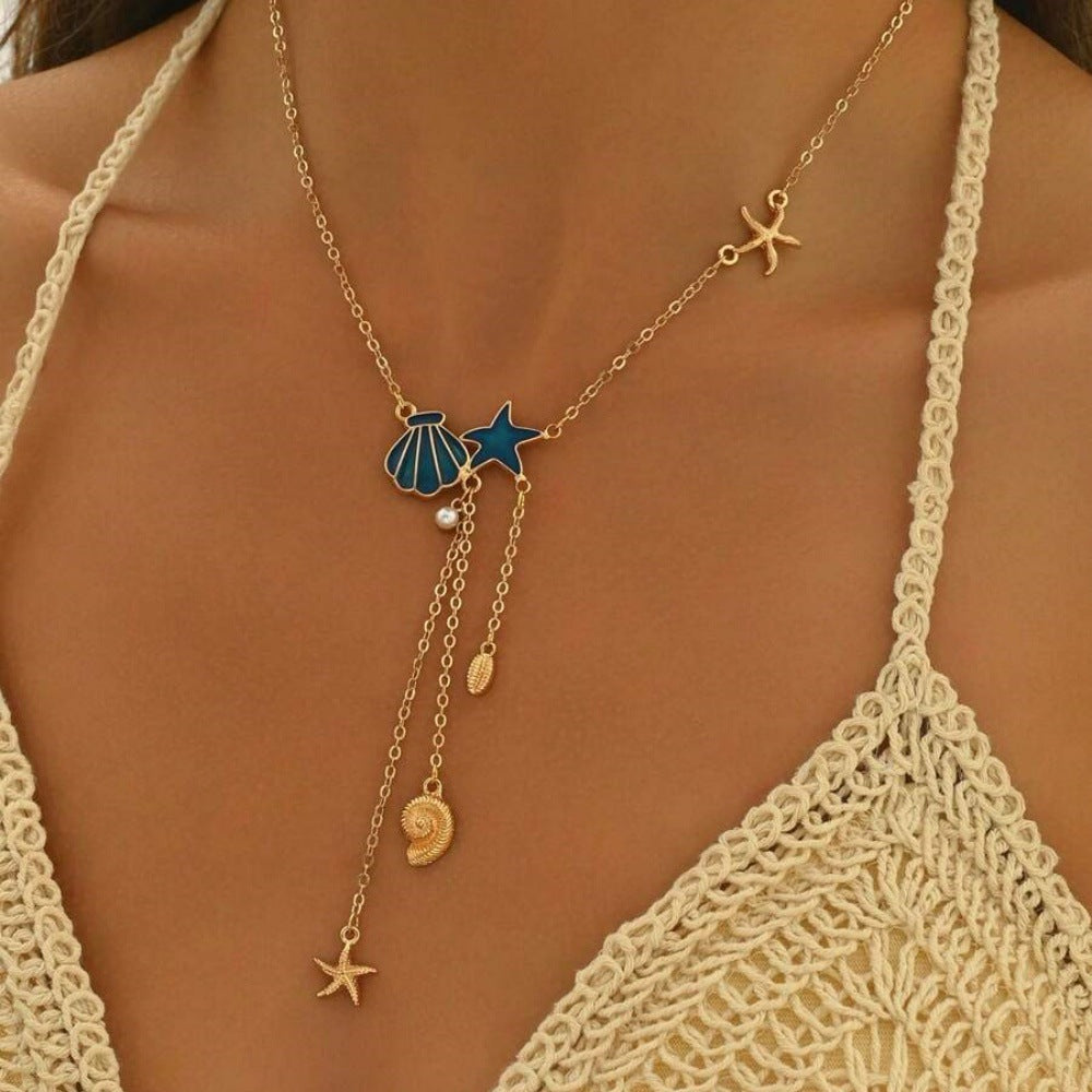 Collana con ciondolo a forma di stella marina e conchiglia in stile oceano creativo e semplice