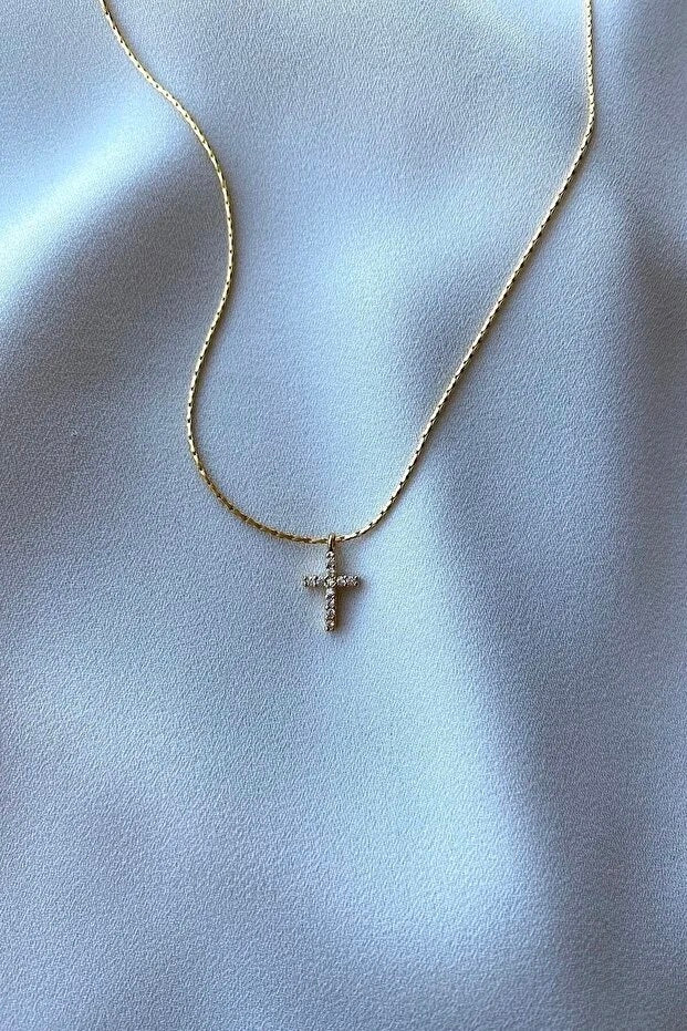Collana con croce in pietra di zircone, elegante gioiello minimalista da donna