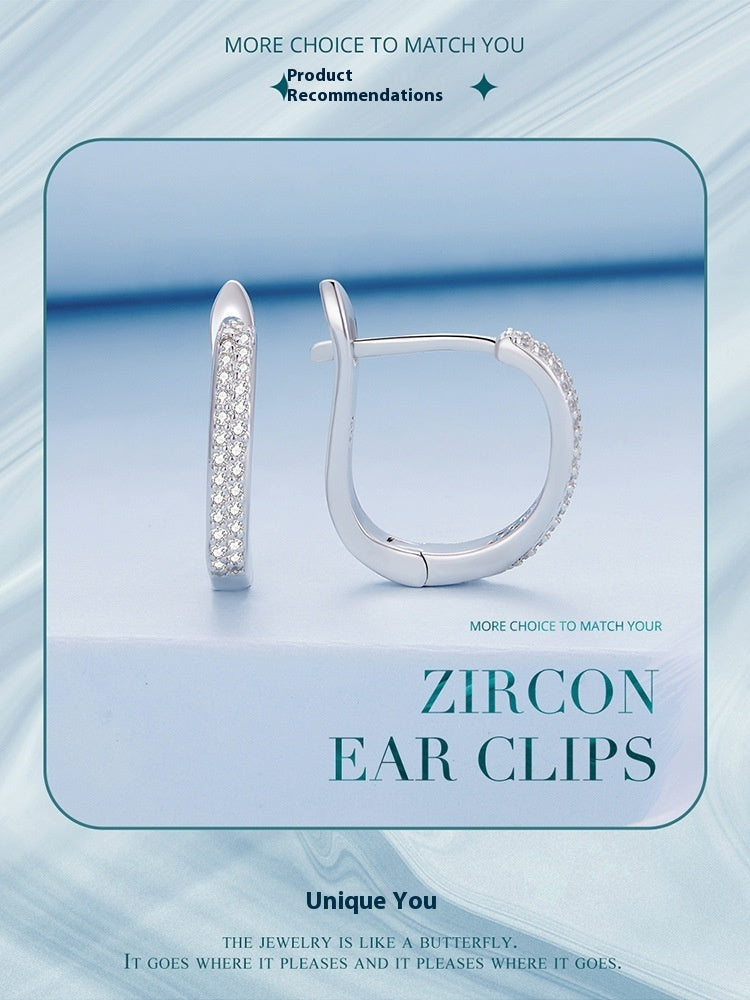 Orecchini a clip in argento Sterling S925 con zirconi semplici, placcati in oro bianco e lisci